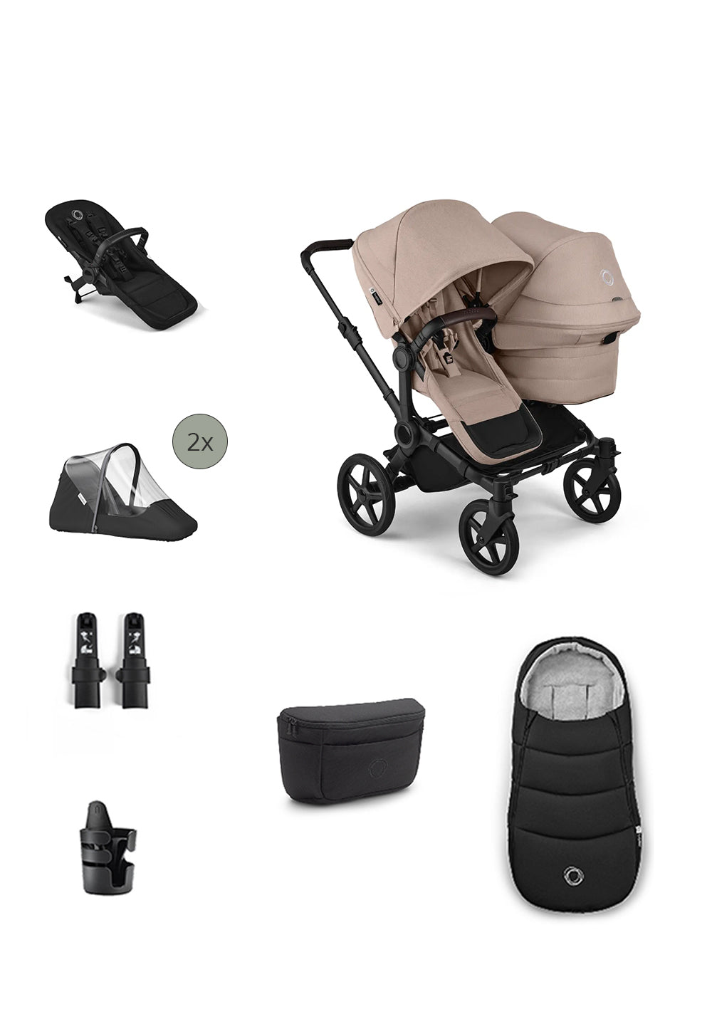 'Donkey 6 Double' Bundle – Unverzichtbares Kinderwagen-Set Desert Taupe