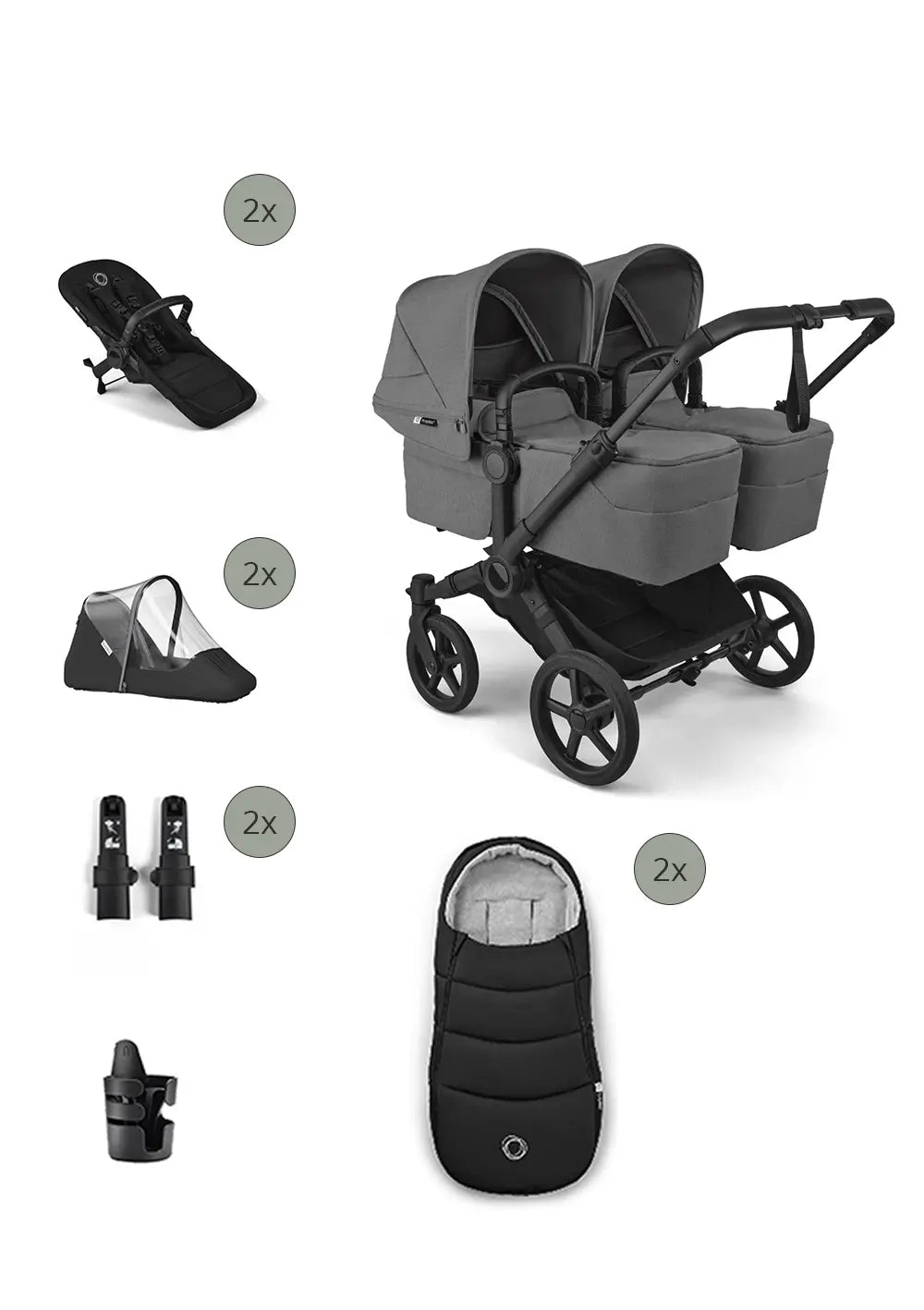 'Donkey 6 Twin' Bundle – Unverzichtbares Kinderwagen-Set Moon Grey